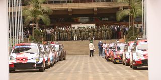 Rally cars before the flag off by President Uhuru Kenyatta at KICC in Nairobi