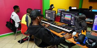 Music production students training at Melody House Music & Film Academy, the best music production school in Nairobi Kenya